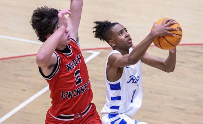 Peachtree Ridge junior guard Connor Teasley drives to the basket Tuesday night against North Gwinnett (Photo: Colin Hubbard)